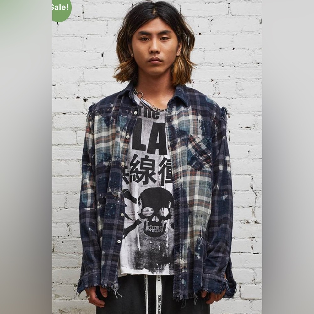 R13 Shredded seam bleached Shirt plaid. Size medium